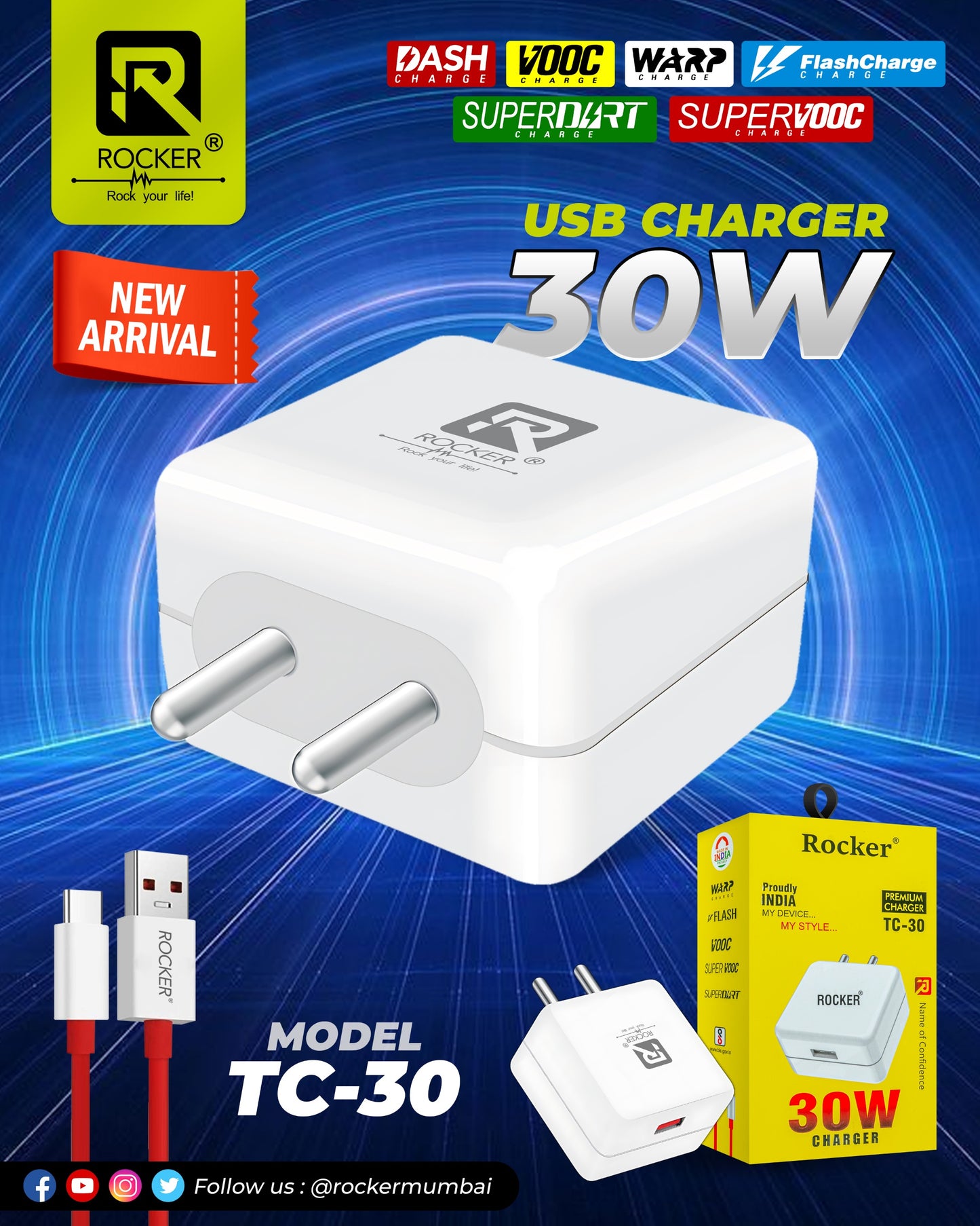 Rocker TC-30 30W Fast Charger | PD, Dash, VOOC, Warp, Type-C/Micro USB Adapter