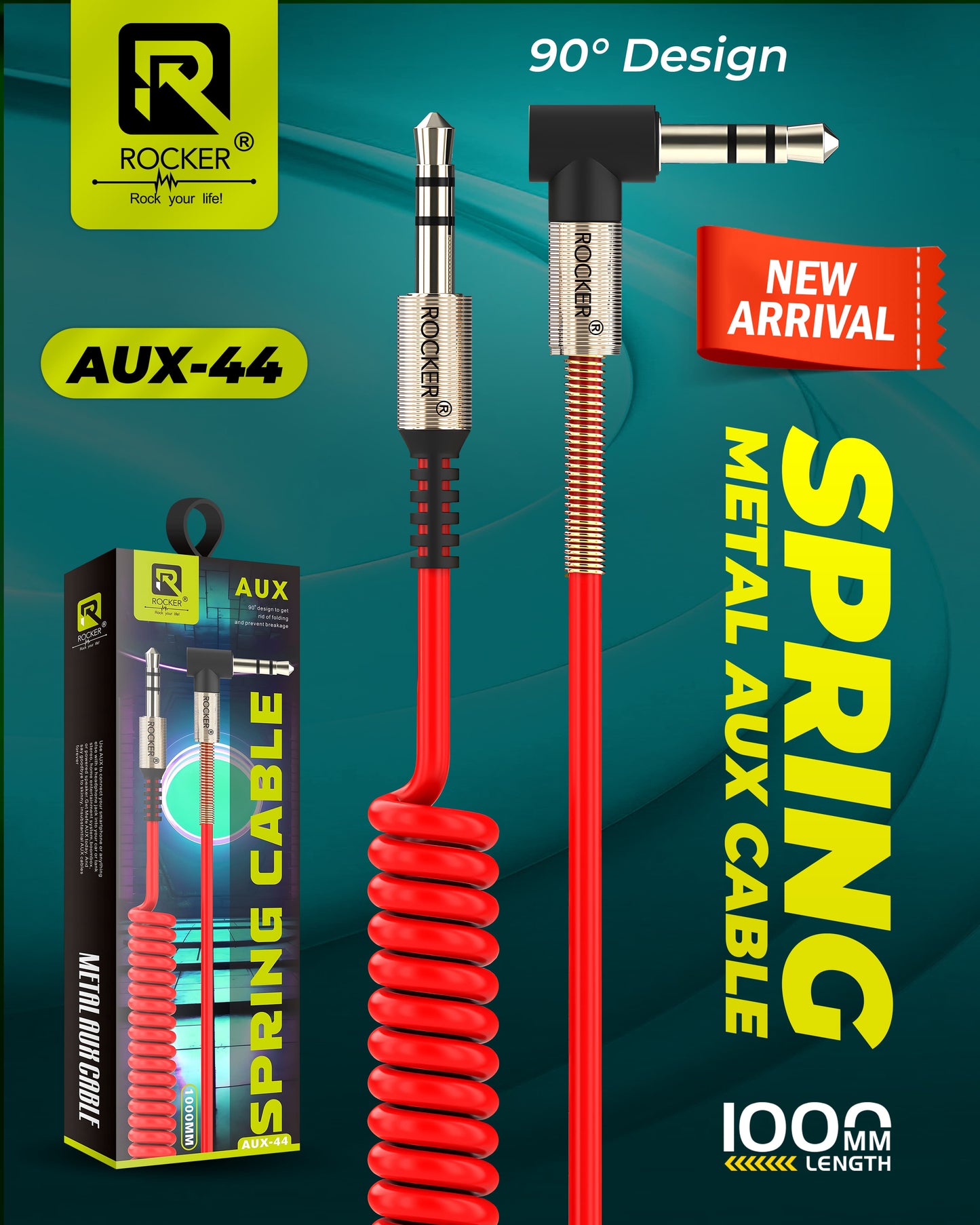 ROCKER AUX-44 | 3.5mm Audio Cable with 90° Right Angle | Durable Metal Spring Design | High-Fidelity Sound for Car, Speakers, Headphones & More