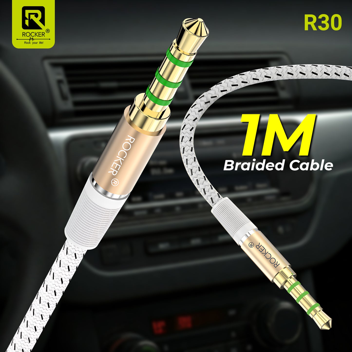 Rocker R-30 1M Braided AUX Cable – Durable 3.5mm Male to Male Stereo Audio Cable for Smartphones, Cars, Speakers & Laptops