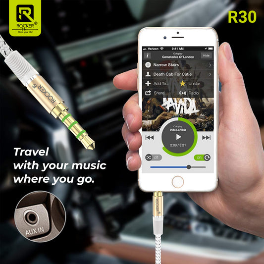 Rocker R-30 1M Braided AUX Cable – Durable 3.5mm Male to Male Stereo Audio Cable for Smartphones, Cars, Speakers & Laptops