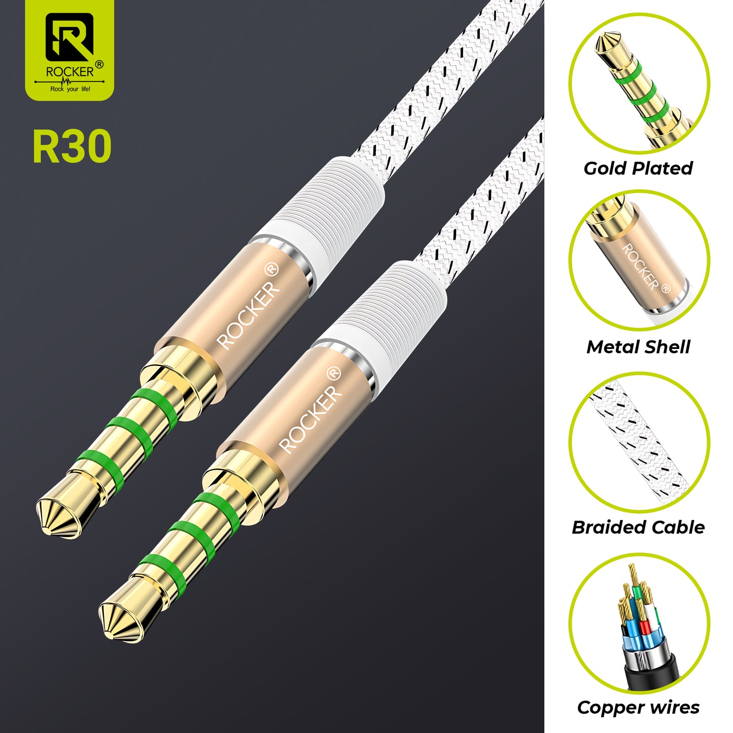 Rocker R-30 1M Braided AUX Cable – Durable 3.5mm Male to Male Stereo Audio Cable for Smartphones, Cars, Speakers & Laptops