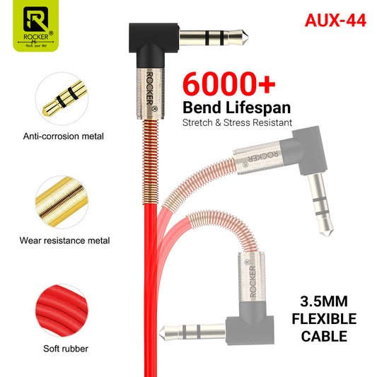 ROCKER AUX-44 | 3.5mm Audio Cable with 90° Right Angle | Durable Metal Spring Design | High-Fidelity Sound for Car, Speakers, Headphones & More
