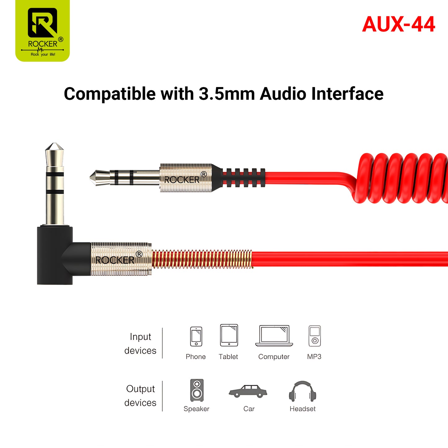 ROCKER AUX-44 | 3.5mm Audio Cable with 90° Right Angle | Durable Metal Spring Design | High-Fidelity Sound for Car, Speakers, Headphones & More