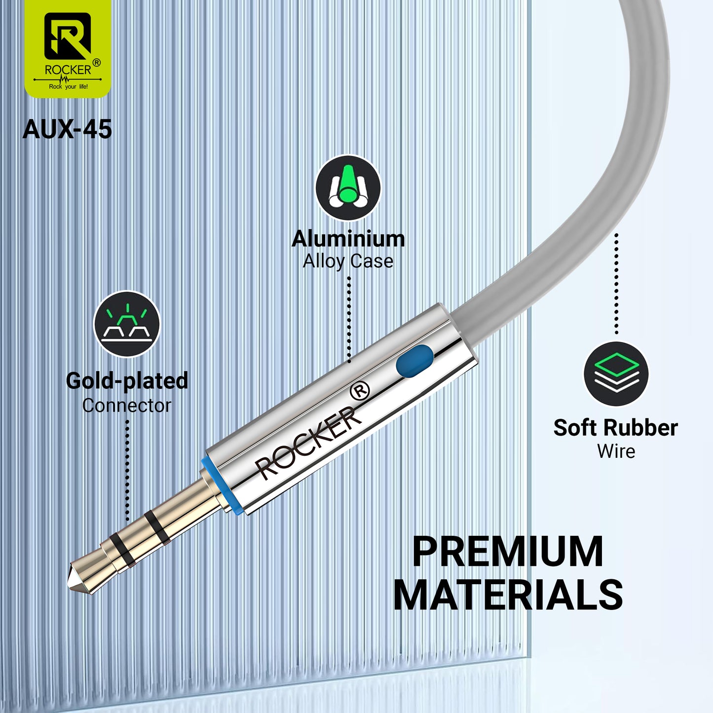Buy ROCKER AUX-45 | 3.5mm Gold-Plated Audio Cable for Hi-Fi Sound | Universal Compatibility for Cars, Speakers, and More | 1M Durable & Tangle-Free Design