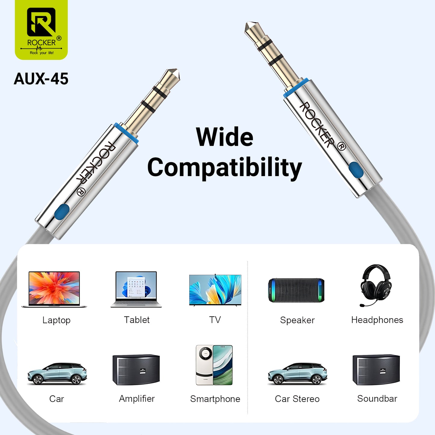 Buy ROCKER AUX-45 | 3.5mm Gold-Plated Audio Cable for Hi-Fi Sound | Universal Compatibility for Cars, Speakers, and More | 1M Durable & Tangle-Free Design