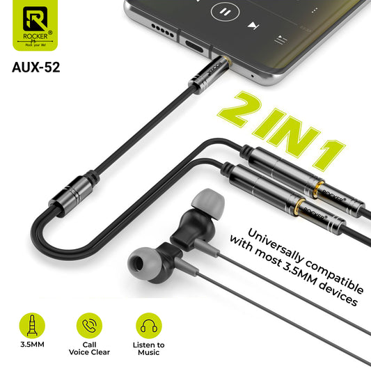 Rocker AUX-52/53 Dual Audio Headphone Splitter | 3.5mm Female to 1 Male Type-C/3.5mm Adapter | Noise-Free Audio for PS5, Xbox, Laptop & | Smartphone