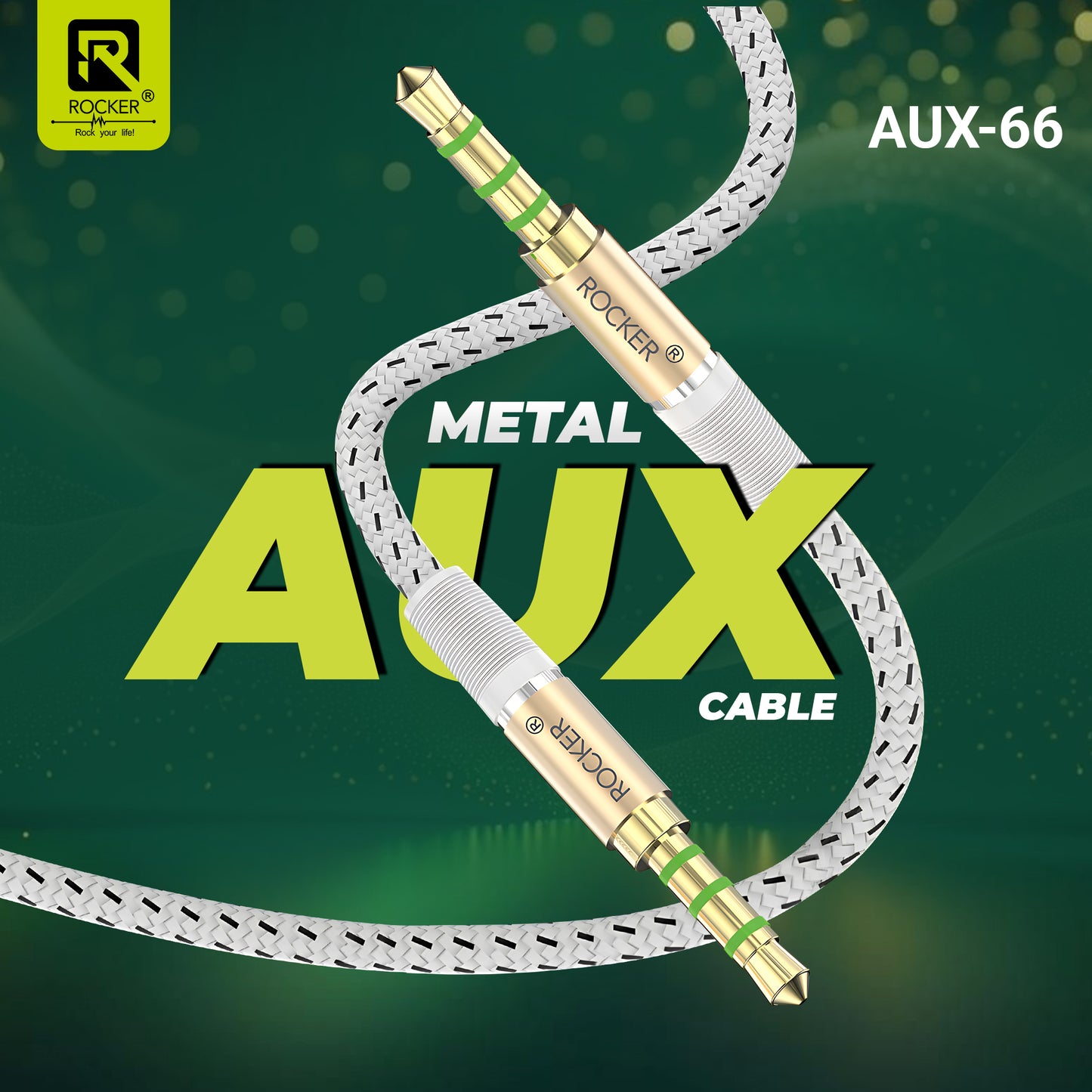 ROCKER AUX-66 2M Ultra-Long Braided AUX Cable | Male-to-Male 3.5mm Stereo Cable for Smartphones, Laptops, Car & Speakers | Durable, Tangle-Free, High-Quality Sound