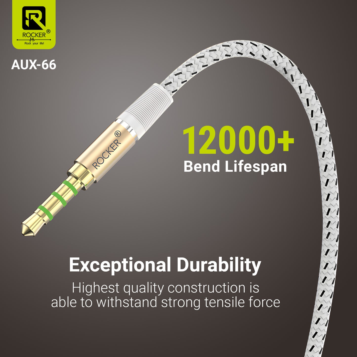 ROCKER AUX-66 2M Ultra-Long Braided AUX Cable | Male-to-Male 3.5mm Stereo Cable for Smartphones, Laptops, Car & Speakers | Durable, Tangle-Free, High-Quality Sound