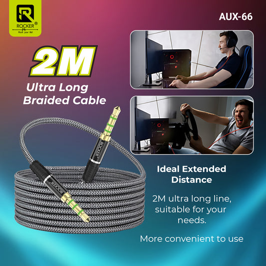 ROCKER AUX-66 2M Ultra-Long Braided AUX Cable | Male-to-Male 3.5mm Stereo Cable for Smartphones, Laptops, Car & Speakers | Durable, Tangle-Free, High-Quality Sound