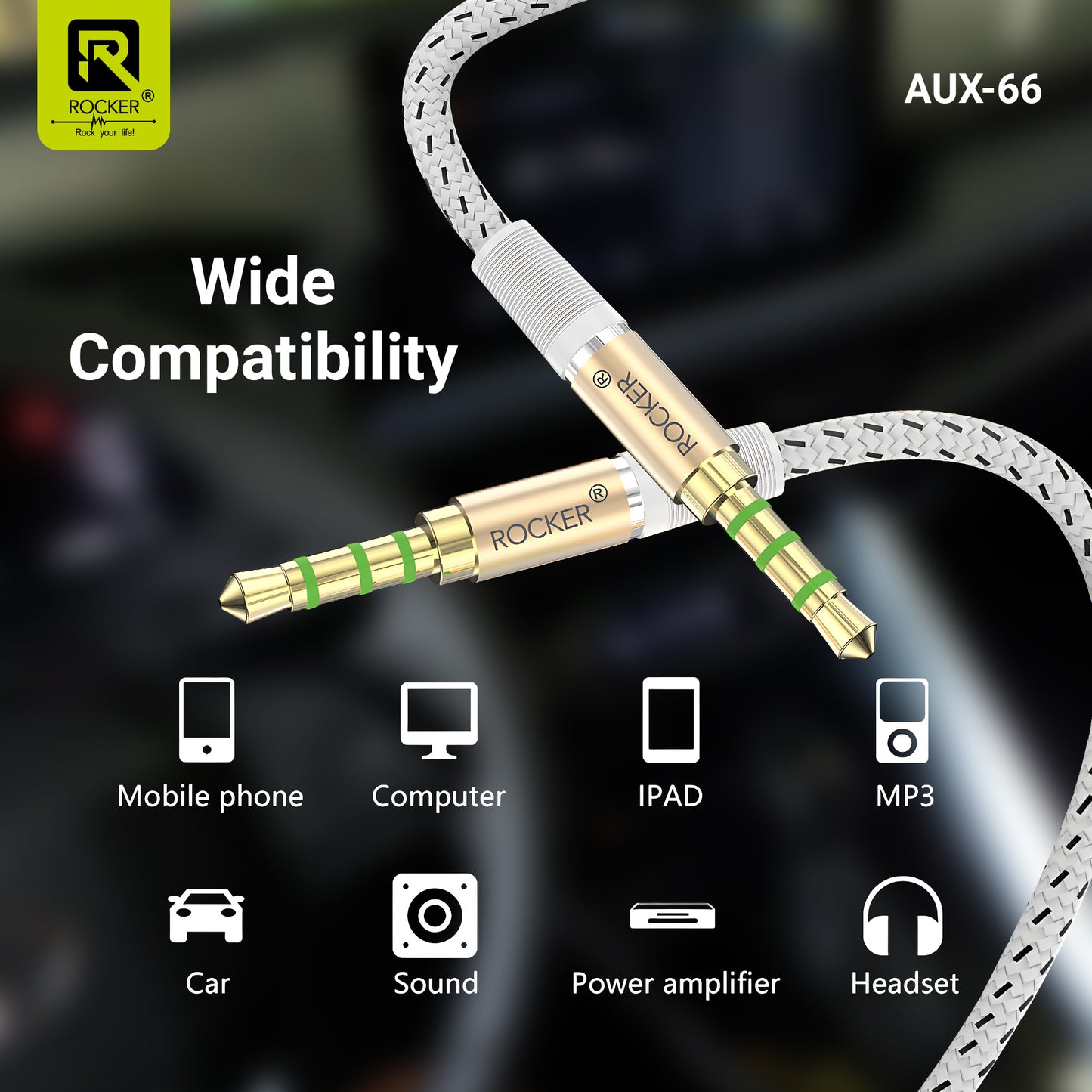ROCKER AUX-66 2M Ultra-Long Braided AUX Cable | Male-to-Male 3.5mm Stereo Cable for Smartphones, Laptops, Car & Speakers | Durable, Tangle-Free, High-Quality Sound