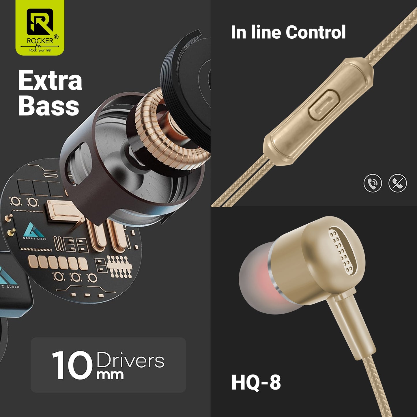 Rocker HQ-8 Wired Earphones with Extra Bass, 10mm Drivers, In-line Mic & Controller | 3.5mm Jack