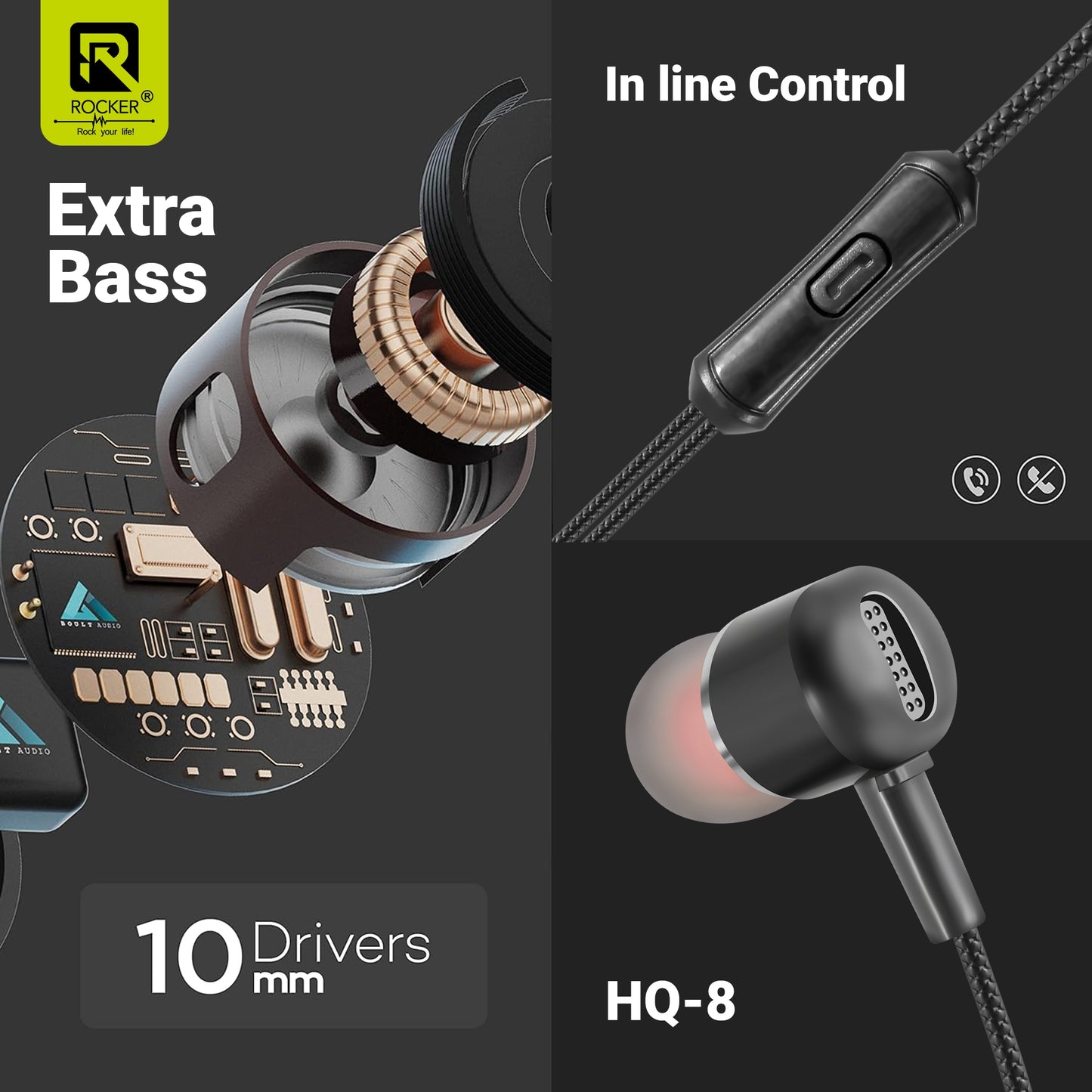 Rocker HQ-8 Wired Earphones with Extra Bass, 10mm Drivers, In-line Mic & Controller | 3.5mm Jack