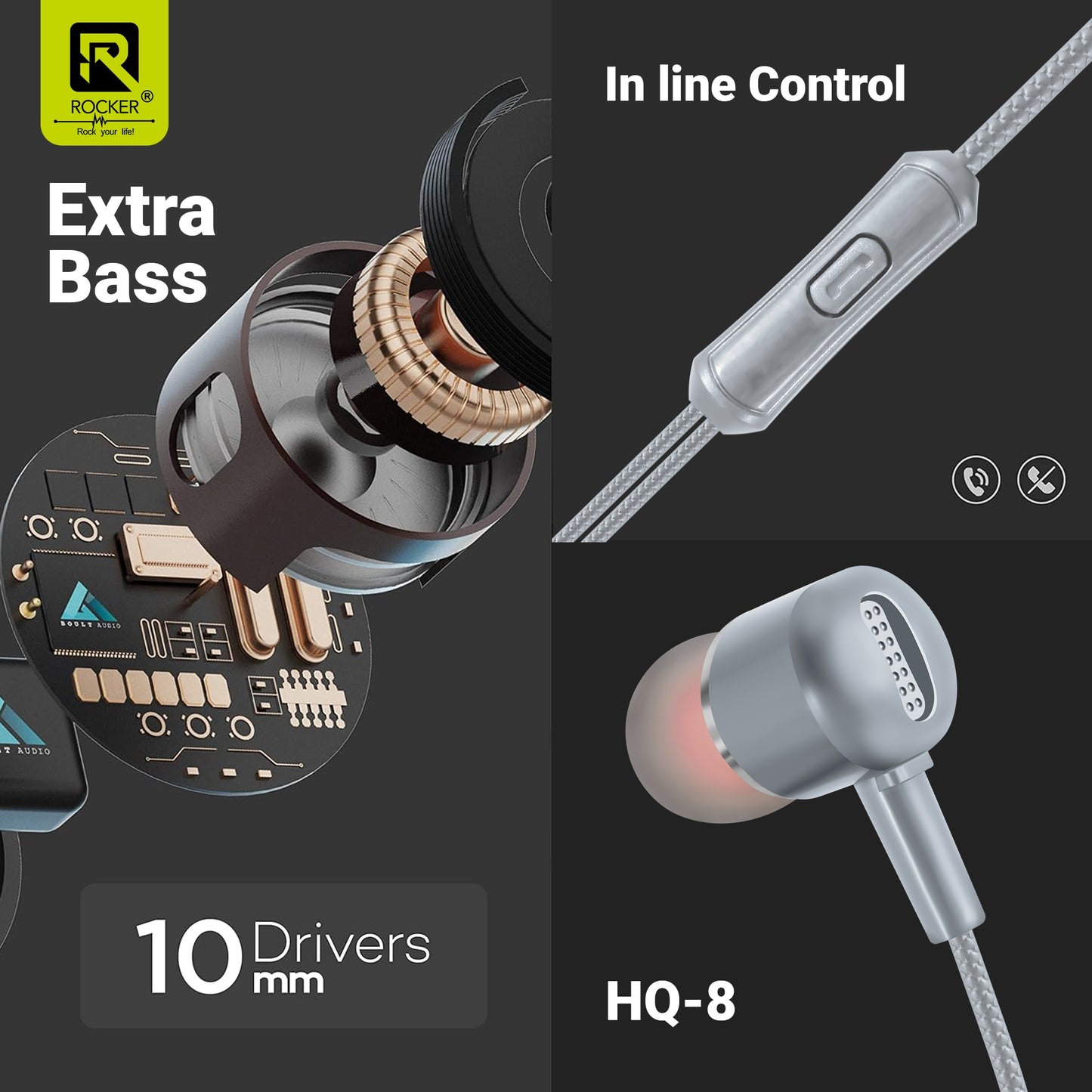 Rocker HQ-8 Wired Earphones with Extra Bass, 10mm Drivers, In-line Mic & Controller | 3.5mm Jack