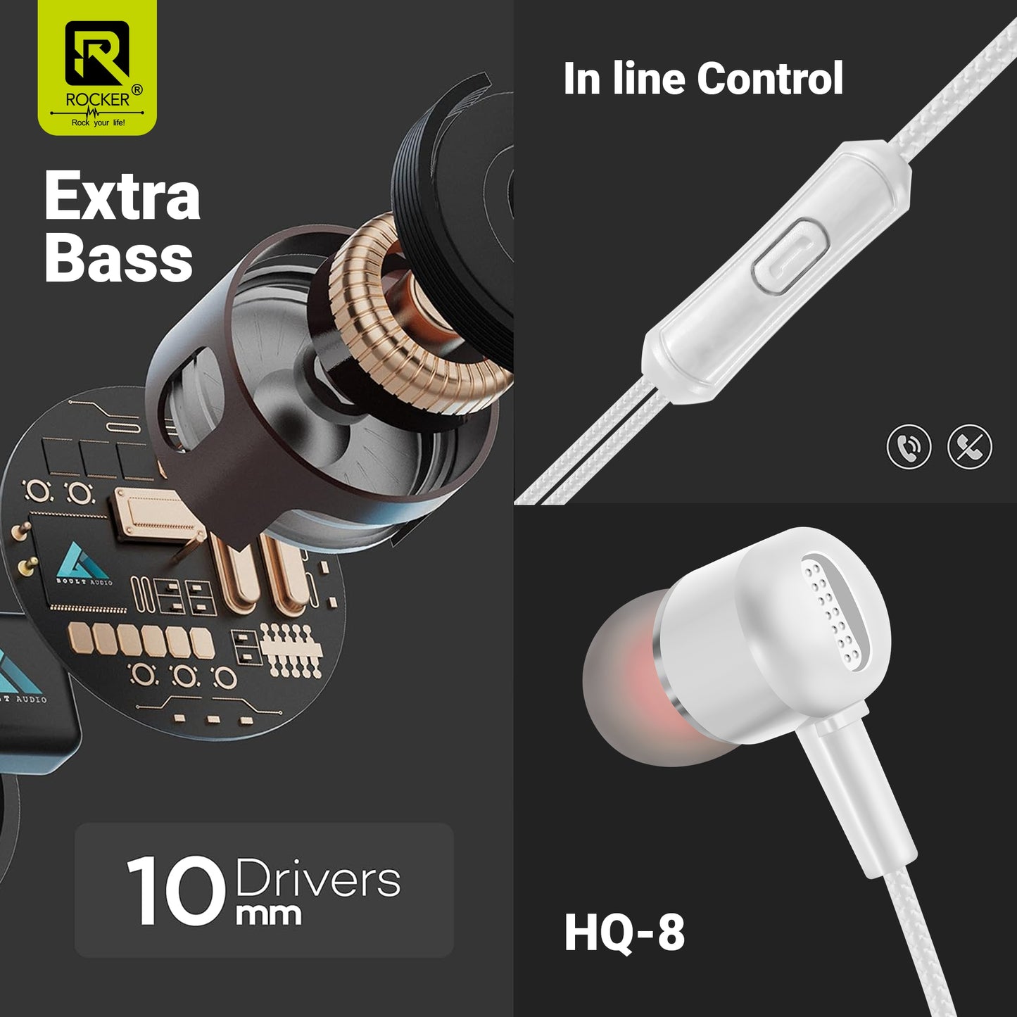 Rocker HQ-8 Wired Earphones with Extra Bass, 10mm Drivers, In-line Mic & Controller | 3.5mm Jack