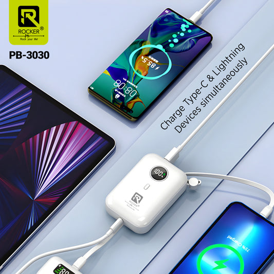 Rocker Power Bank, 10000mAh, 22.5W PD Fast Charging, Type-C & Lightning Cables, Stylish Design with Percentage Display, Universal Compatibility (PB-3030)