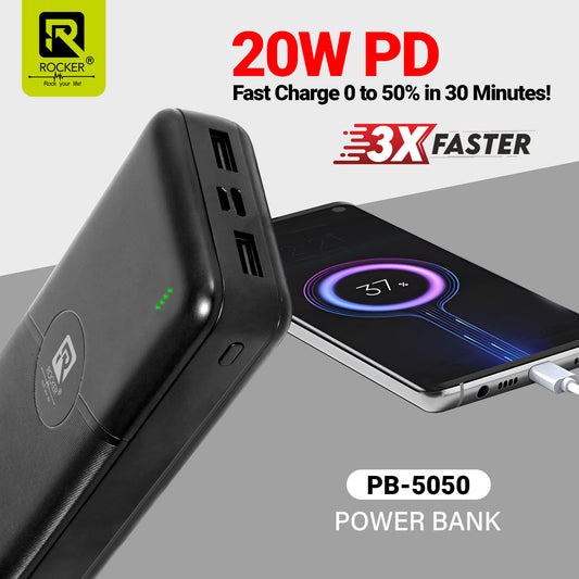 Rocker PB-5050 22000mAh Power Bank | Turbo Fast Charging 20W | Intelligent Display | Triple Ports | PD & QC 3.0 | Supports iPhone, Android & More