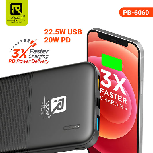 Rocker PB-6060 11000mAh Power Bank | 22.5W Fast Charging | Triple Port | USB-A, Type-C | Overcharging Protection | Compatible with Android, iOS, Tablets | Black & White