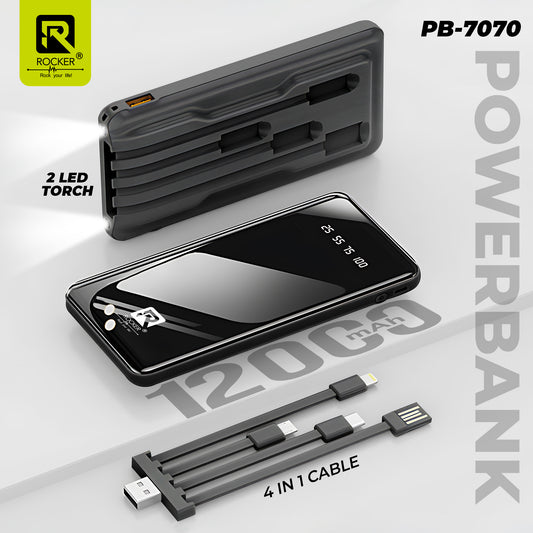 ROCKER PB-7070 4-in-1 12000mAh 20W Power Bank | Quick Charging | Digital Display | 2 LED Light Torch | Compatible with iPhones, Android, Tablets & More