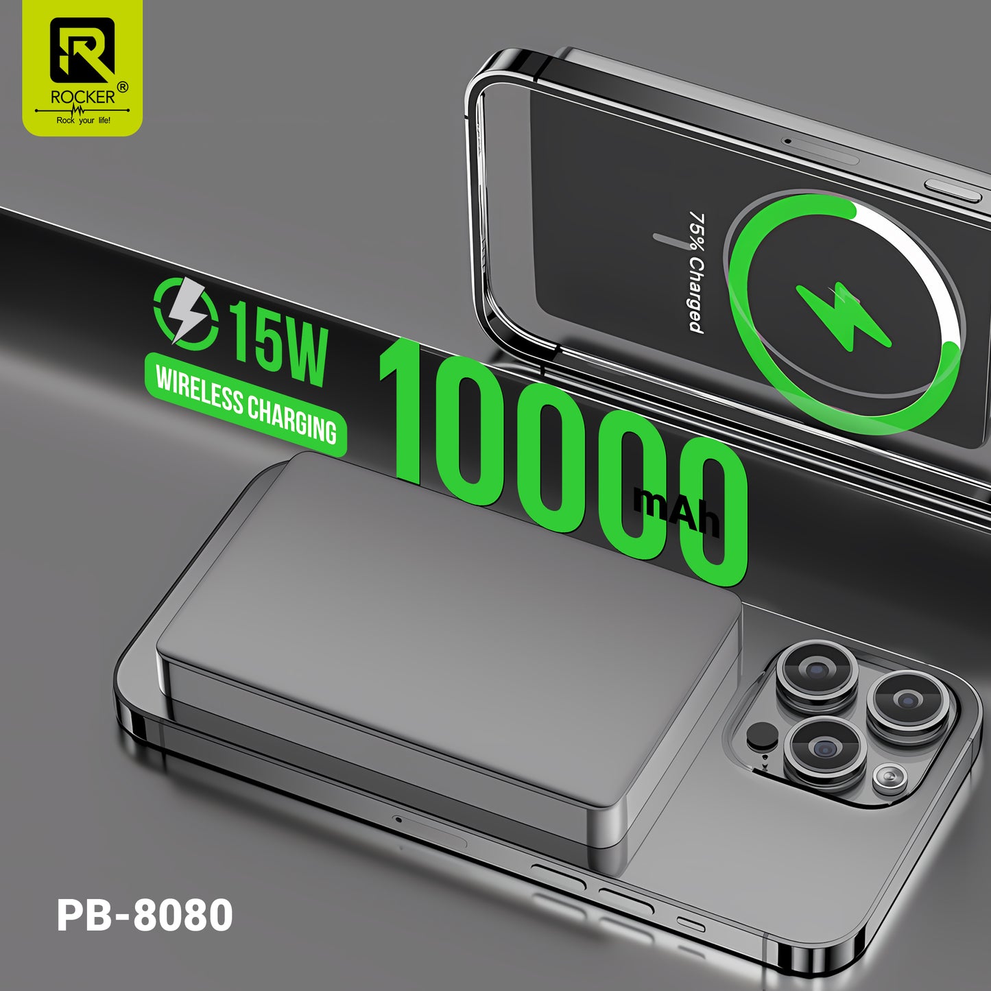 Rocker PB-8080 MageSafe 10000mAh 15W Wireless Super Fast Charging Power Bank For iPhone 15/16 & Above, Android & Other Qi Enabled Devices
