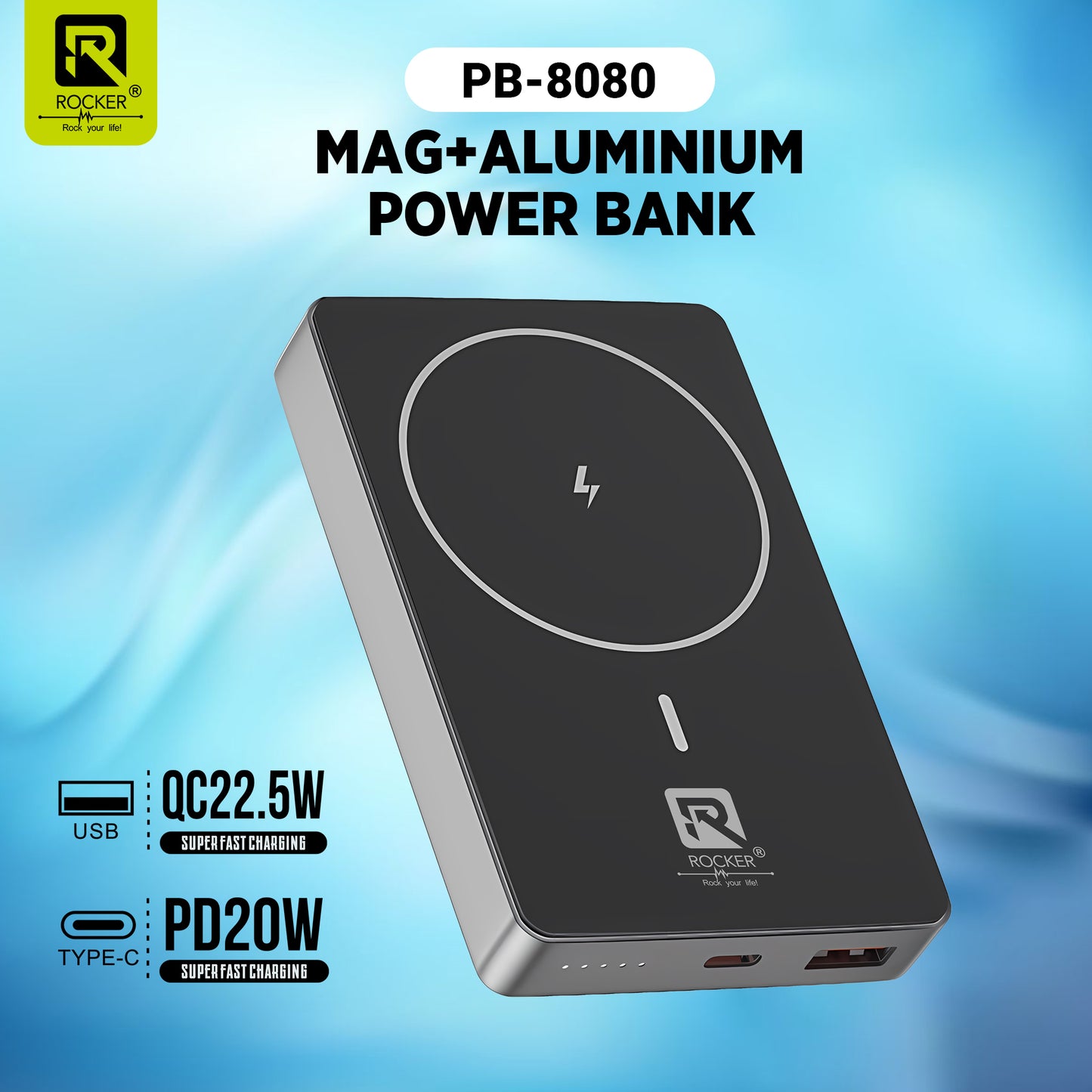 Rocker PB-8080 MageSafe 10000mAh 15W Wireless Super Fast Charging Power Bank For iPhone 15/16 & Above, Android & Other Qi Enabled Devices