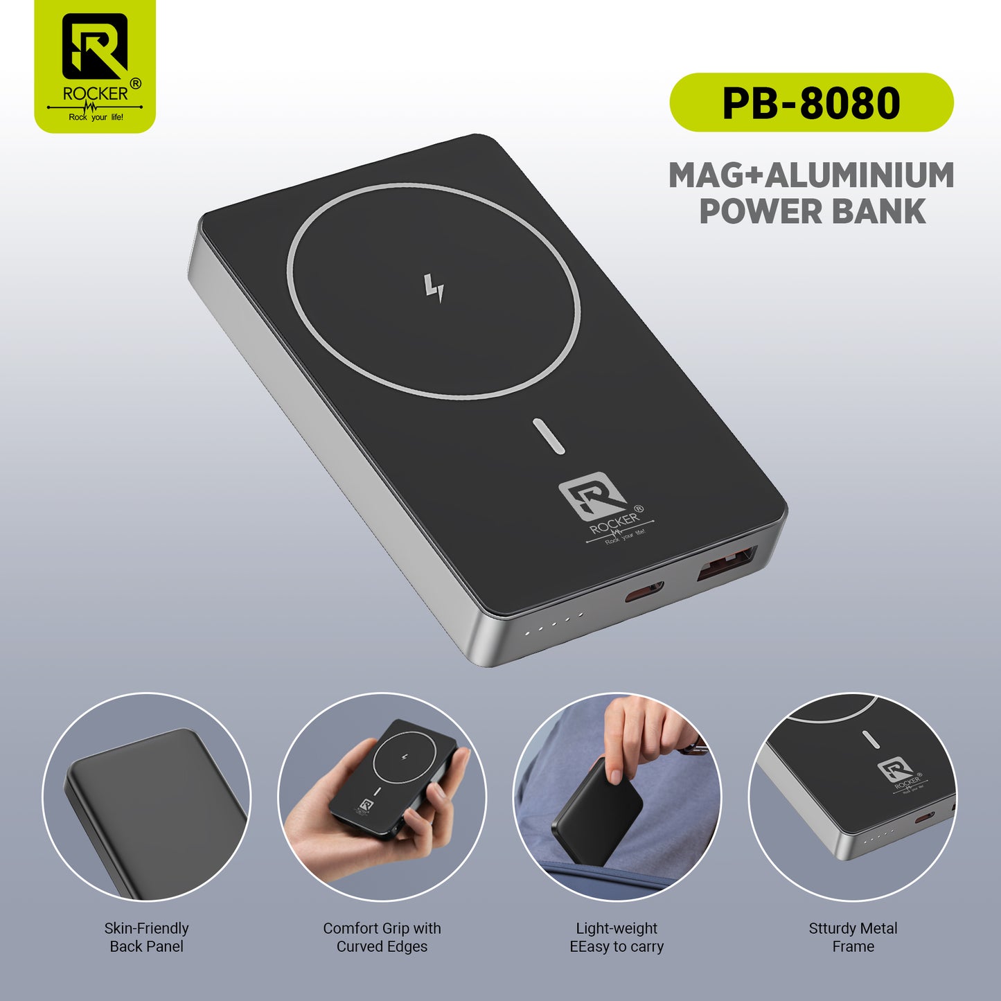 Rocker PB-8080 MageSafe 10000mAh 15W Wireless Super Fast Charging Power Bank For iPhone 15/16 & Above, Android & Other Qi Enabled Devices