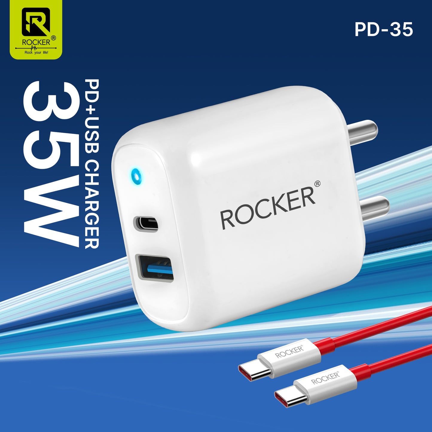Rocker PD-35 35W USB & Type-C Dual Output Charger – Fast PD 3.0 Wall Adapter for iPhone, Android & Type-C Devices with Free Type-C to C Cable