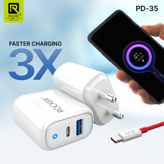 Rocker PD-35 35W USB & Type-C Dual Output Charger – Fast PD 3.0 Wall Adapter for iPhone, Android & Type-C Devices with Free Type-C to C Cable