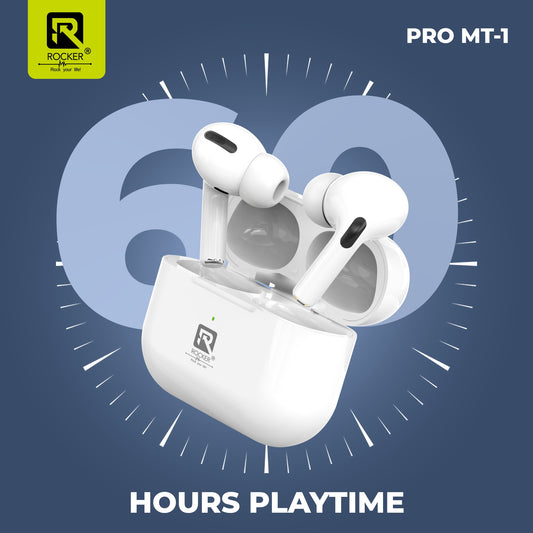 Rocker Pro MT-1 TWS Earbuds 60H Music Times & Meg Safe Charging Case