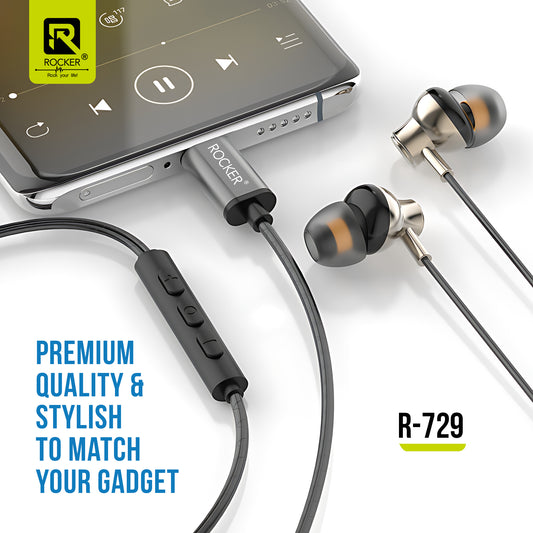 Rocker R-729 Type-C Wired Earphones | Hi-Fi Stereo Sound, HD Mic, Magnetic Earbuds, Tangle-Free Wire – Best Type-C Earphones for Music & Calls