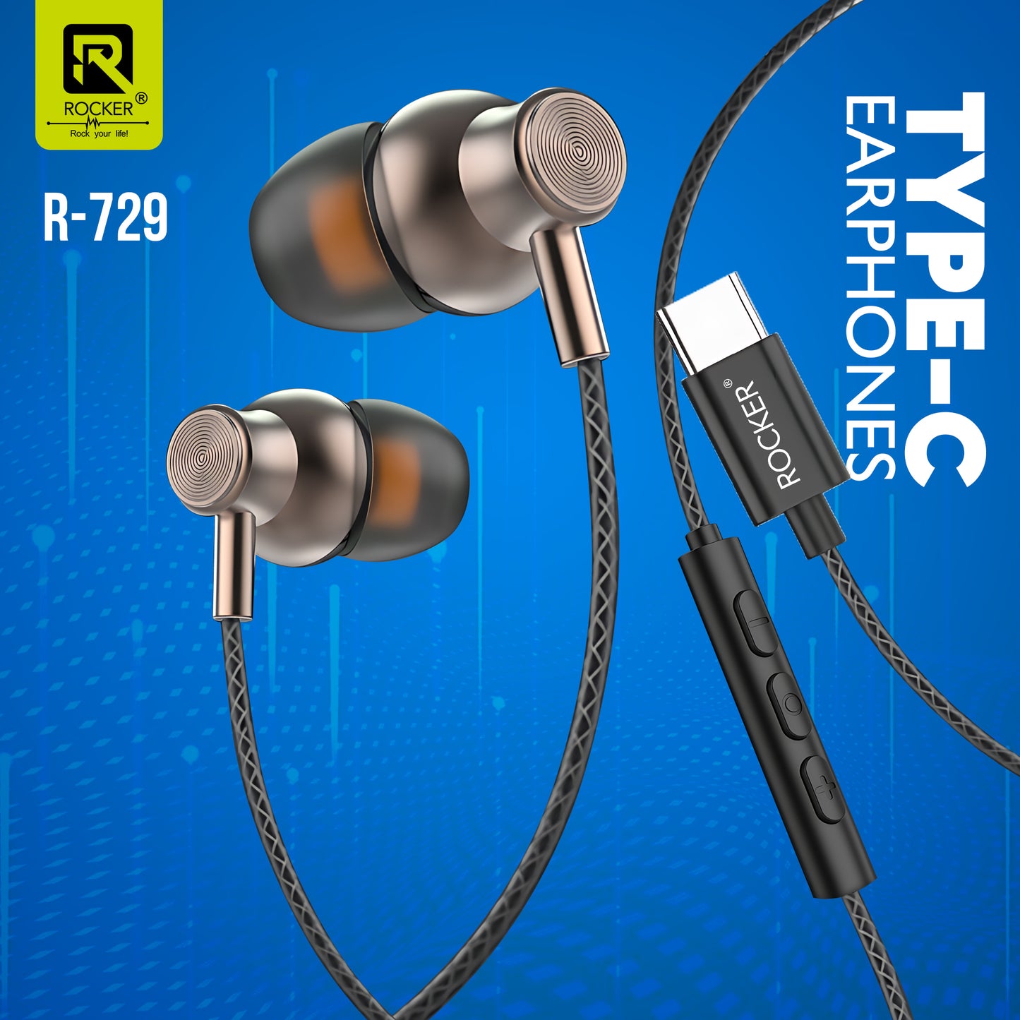 Rocker R-729 Type-C Wired Earphones | Hi-Fi Stereo Sound, HD Mic, Magnetic Earbuds, Tangle-Free Wire – Best Type-C Earphones for Music & Calls