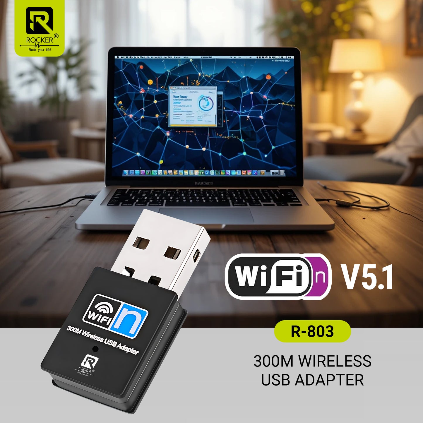 Rocker R-803 WiFi Dongle – 300 Mbps Mini USB Wireless Adapter for Laptop & Desktop | Fast Internet with WPA/WPA2 Security