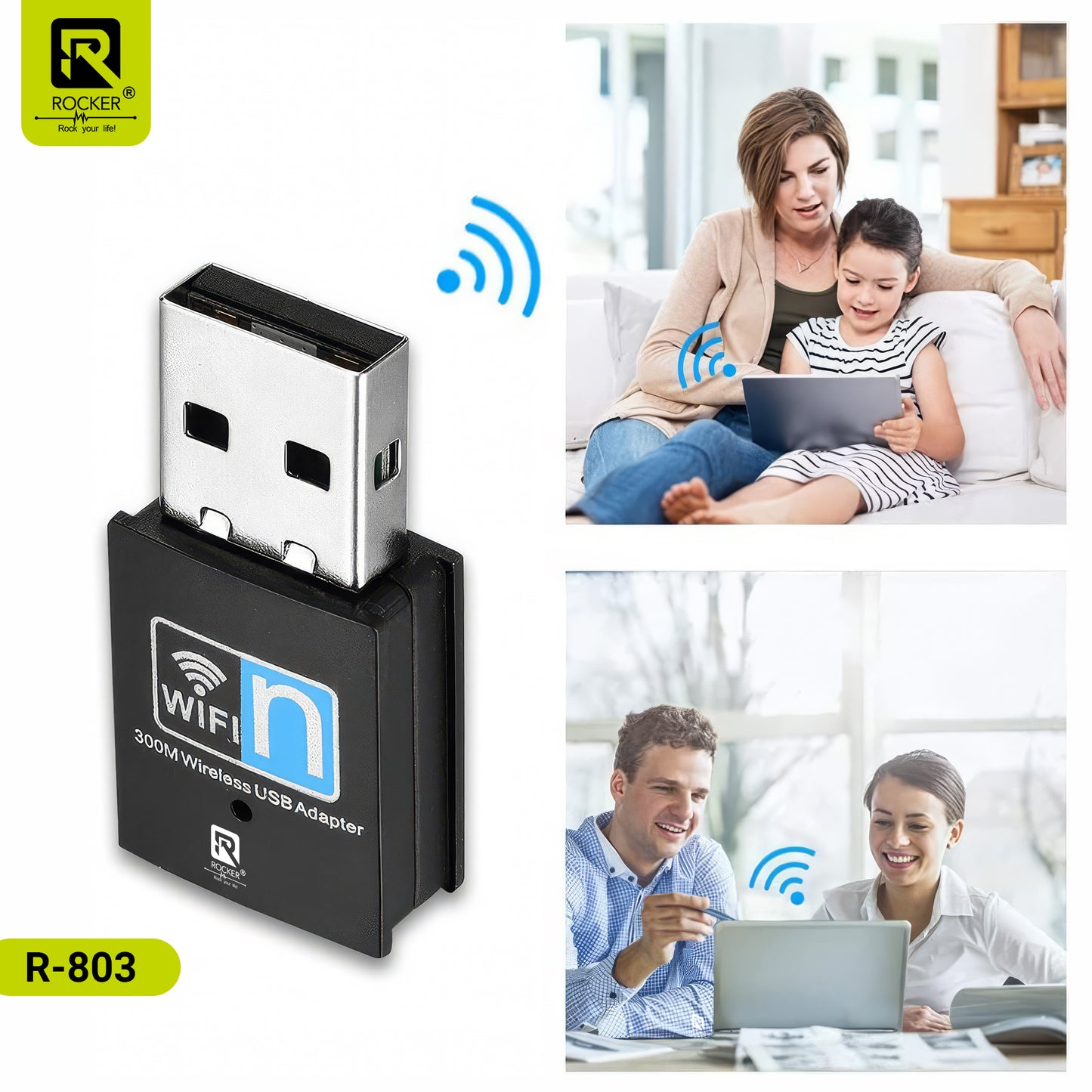Rocker R-803 WiFi Dongle – 300 Mbps Mini USB Wireless Adapter for Laptop & Desktop | Fast Internet with WPA/WPA2 Security