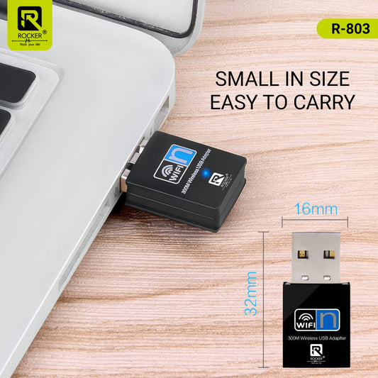 Rocker R-803 WiFi Dongle – 300 Mbps Mini USB Wireless Adapter for Laptop & Desktop | Fast Internet with WPA/WPA2 Security