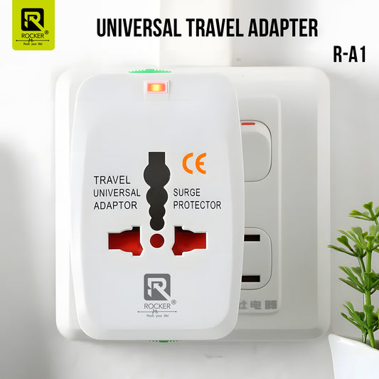 Rocker R-A1 Universal Travel Adapter – 3-Pin AC Power Socket with Surge Protection for 224+ Countries