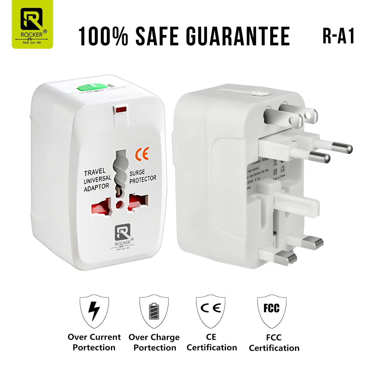 Rocker R-A1 Universal Travel Adapter – 3-Pin AC Power Socket with Surge Protection for 224+ Countries