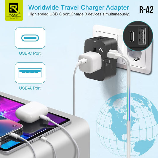 Rocker R-A2 Universal Travel Adapter with USB and Type-C Ports – Worldwide Charging Adapter for US, EU, UK, AU | Multi-Plug Travel Charger