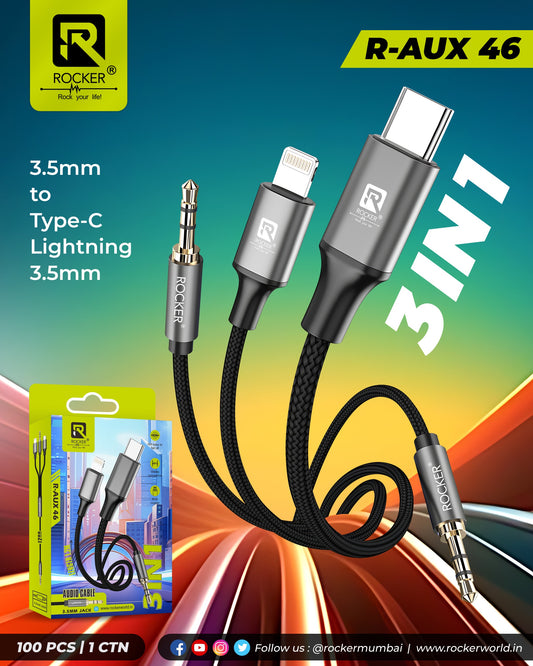 R-AUX46 3-in-1 Aux Cable | Universal Audio Cable for Cars, iPhone, Samsung & More | Durable, Noise-Isolating Design