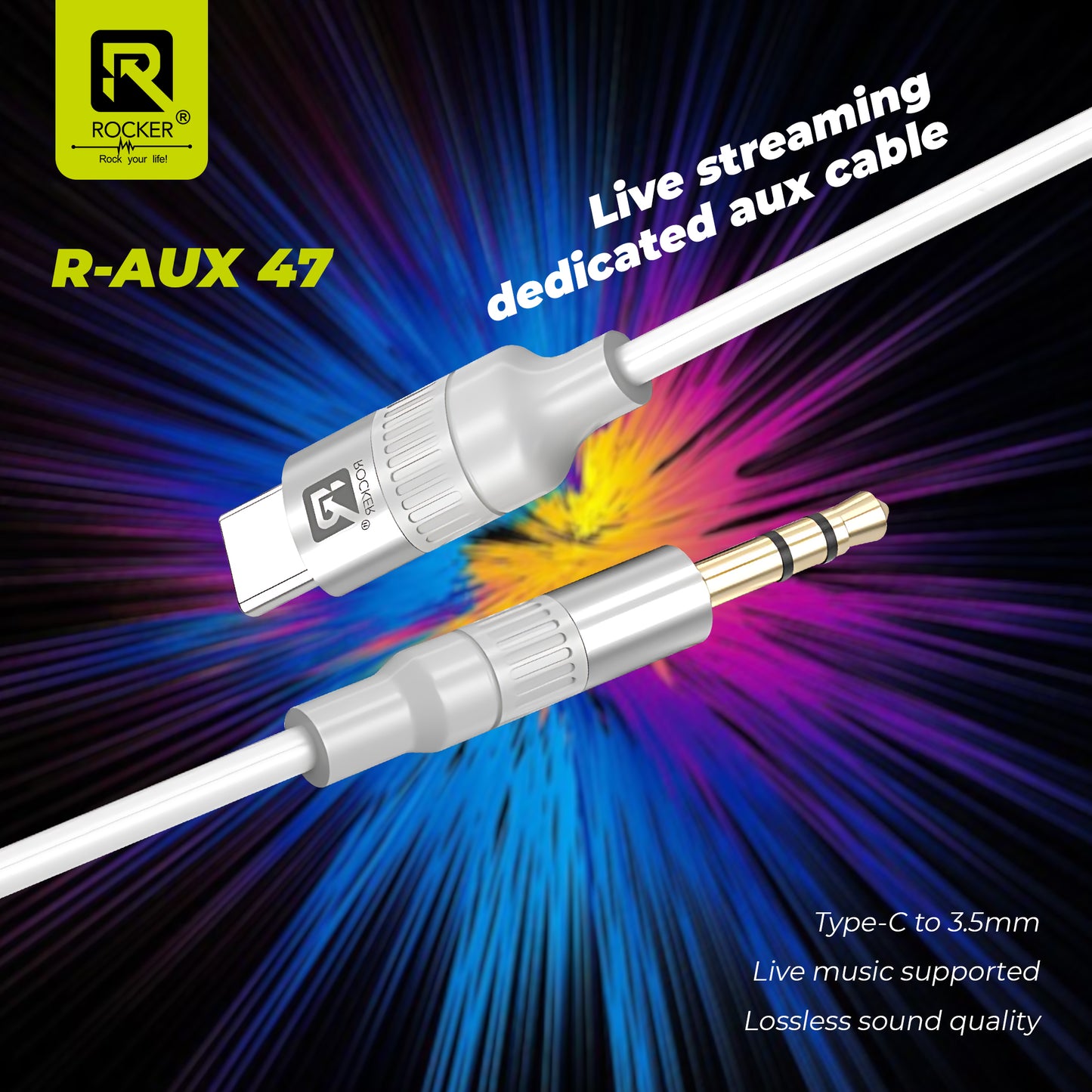 ROCKER R-AUX47 Type C to 3.5mm Aux Cable | Crystal Clear Sound, Noise Reduction, Universal Compatibility
