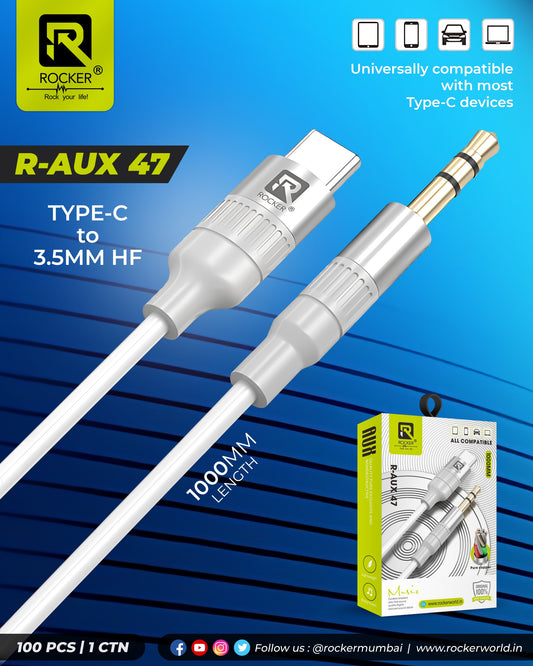 ROCKER R-AUX47 Type C to 3.5mm Aux Cable | Crystal Clear Sound, Noise Reduction, Universal Compatibility