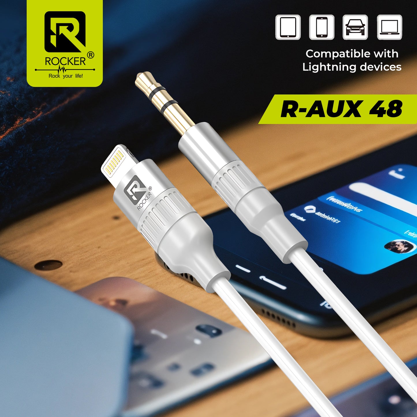 ROCKER R-AUX48 iPhone Aux Cable | Premium Lightning to 3.5mm Audio Cable | Durable Nylon Braided with Gold-Plated Connectors