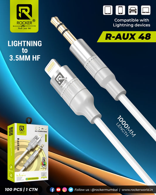 ROCKER R-AUX48 iPhone Aux Cable | Premium Lightning to 3.5mm Audio Cable | Durable Nylon Braided with Gold-Plated Connectors