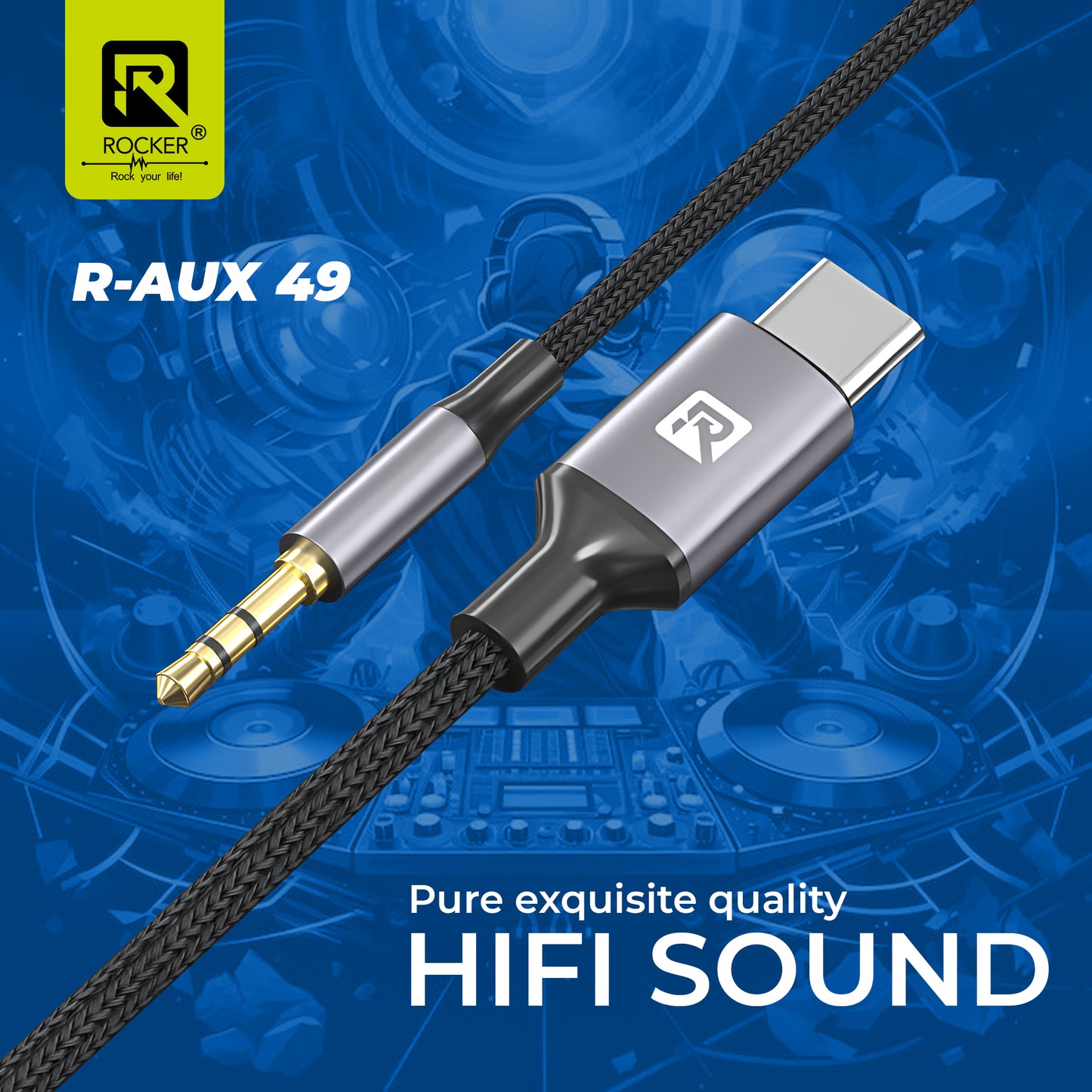 Rocker Aux-49 Type-C to 3.5mm Aux Cable - Hi-Fi Sound, Braided, Gold-Plated Connectors | Durable & Universal Compatibility
