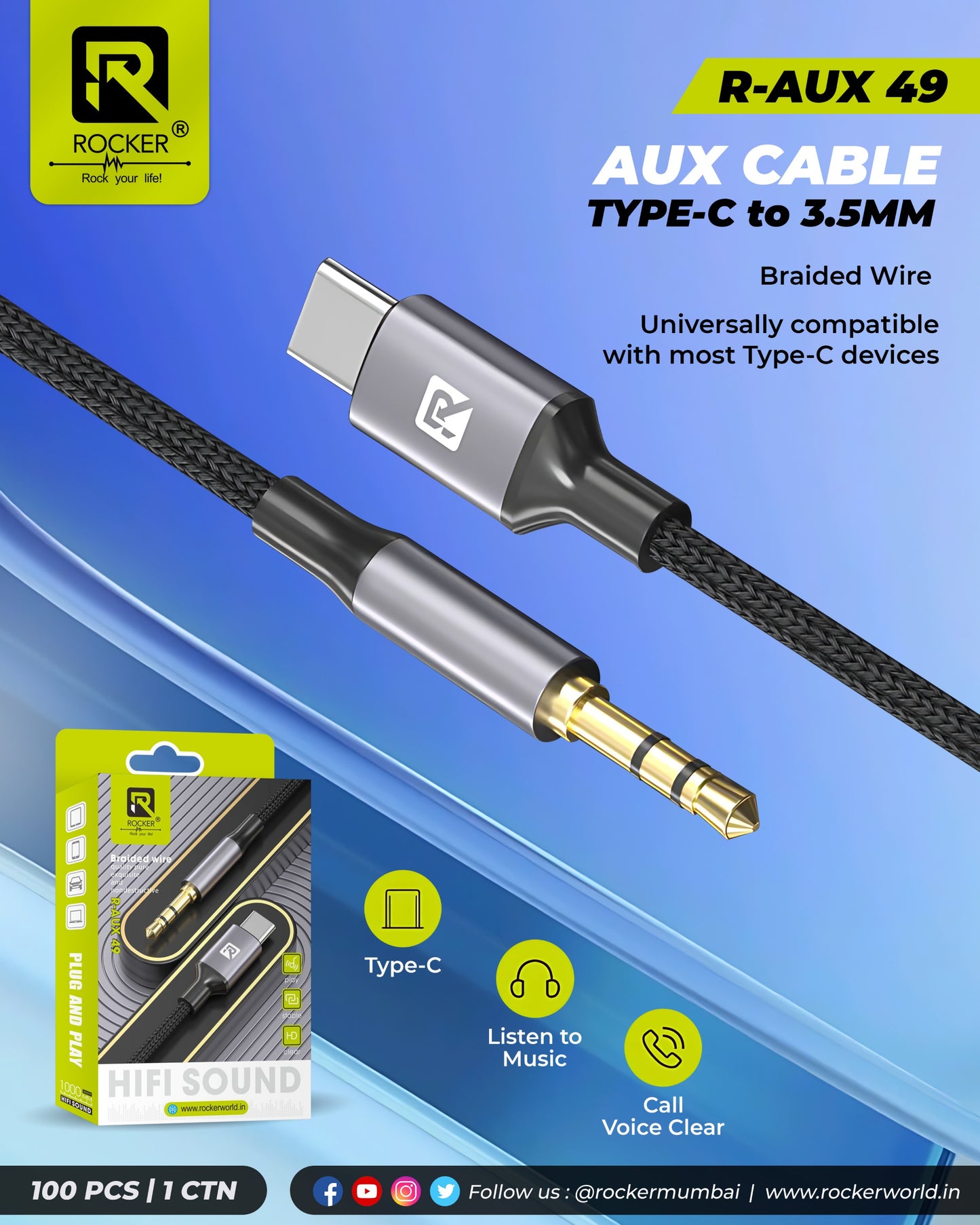 Rocker Aux-49 Type-C to 3.5mm Aux Cable - Hi-Fi Sound, Braided, Gold-Plated Connectors | Durable & Universal Compatibility