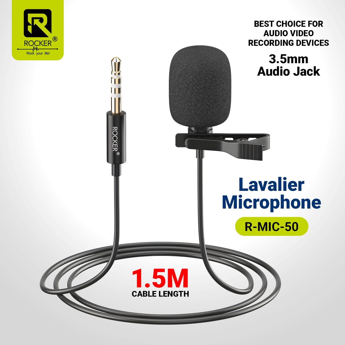 Rocker R-MIC-50 Lavalier Microphone – Noise Reduction Clip-On Mic for Smartphones, DSLR, PC, YouTube, Podcast & Vlogging (3.5mm & Type-C)