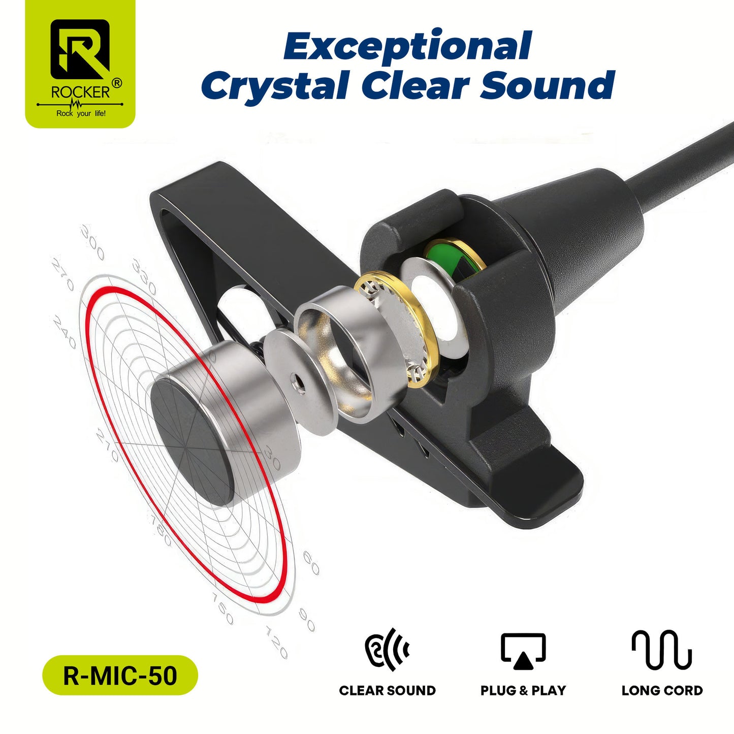 Rocker R-MIC-50 Lavalier Microphone – Noise Reduction Clip-On Mic for Smartphones, DSLR, PC, YouTube, Podcast & Vlogging (3.5mm & Type-C)