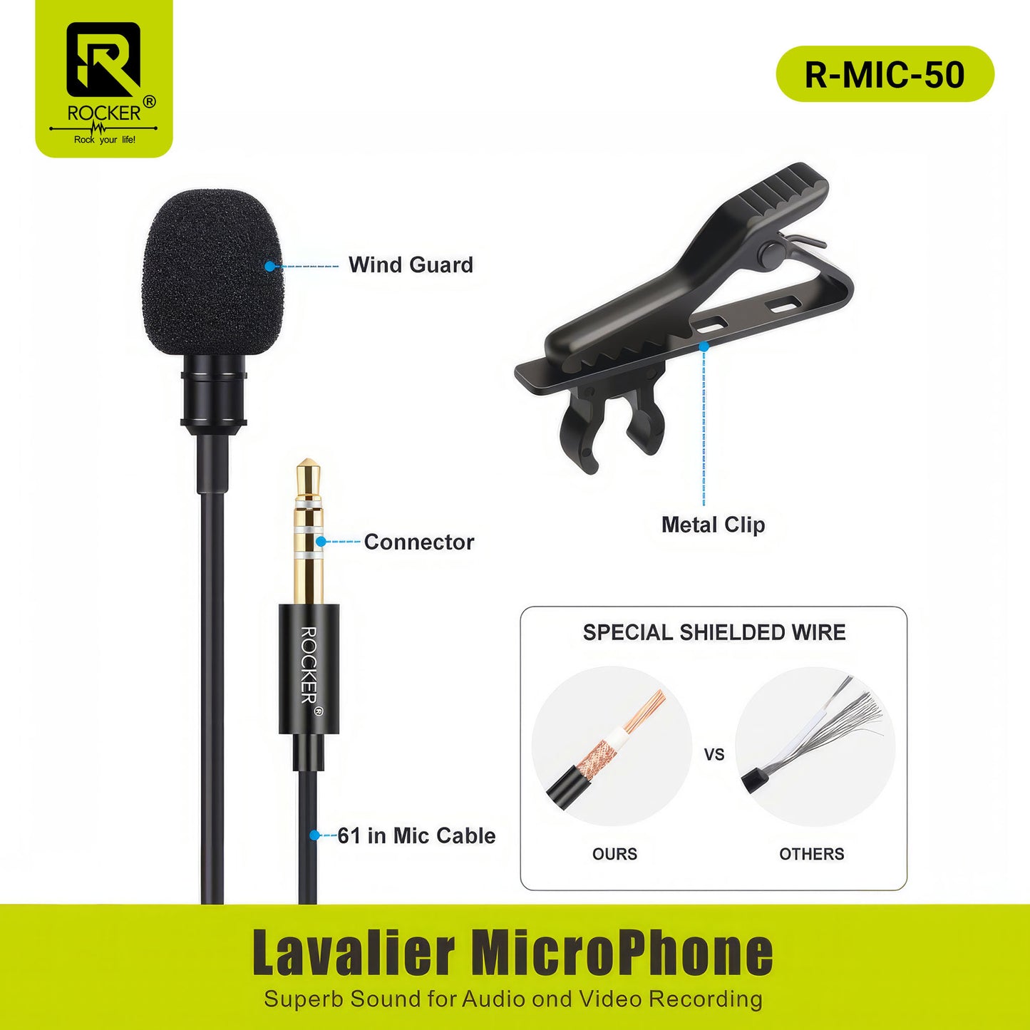 Rocker R-MIC-50 Lavalier Microphone – Noise Reduction Clip-On Mic for Smartphones, DSLR, PC, YouTube, Podcast & Vlogging (3.5mm & Type-C)