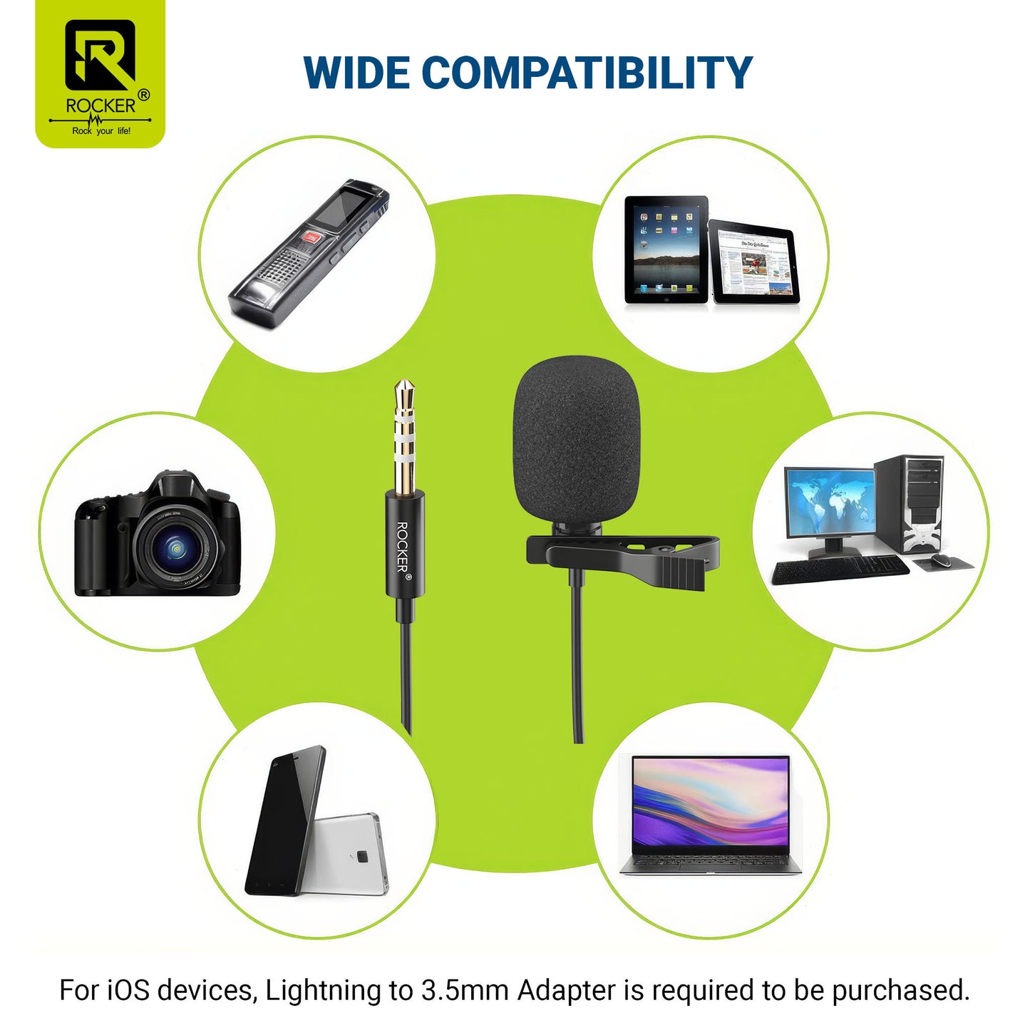 Rocker R-MIC-50 Lavalier Microphone – Noise Reduction Clip-On Mic for Smartphones, DSLR, PC, YouTube, Podcast & Vlogging (3.5mm & Type-C)