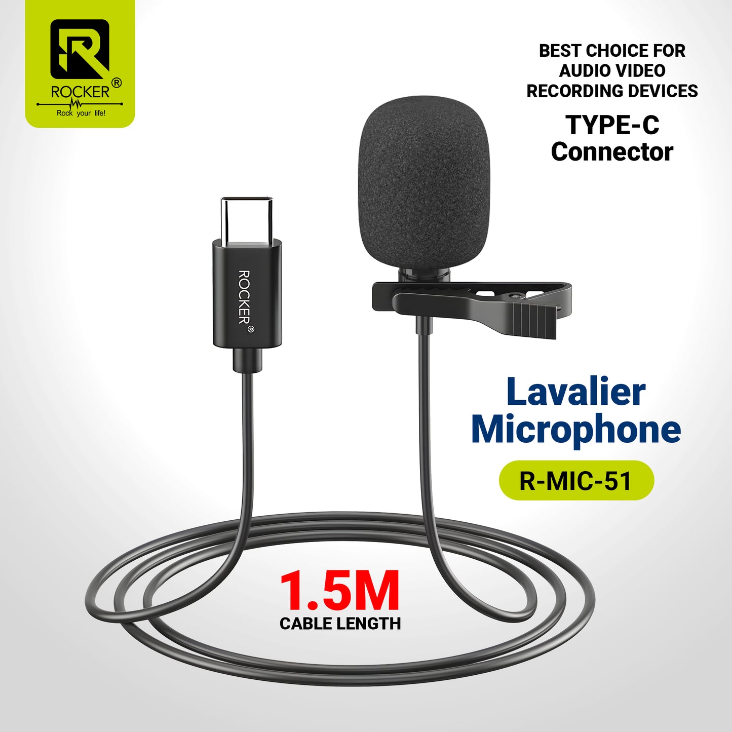 Rocker R-MIC-50 Lavalier Microphone – Noise Reduction Clip-On Mic for Smartphones, DSLR, PC, YouTube, Podcast & Vlogging (3.5mm & Type-C)