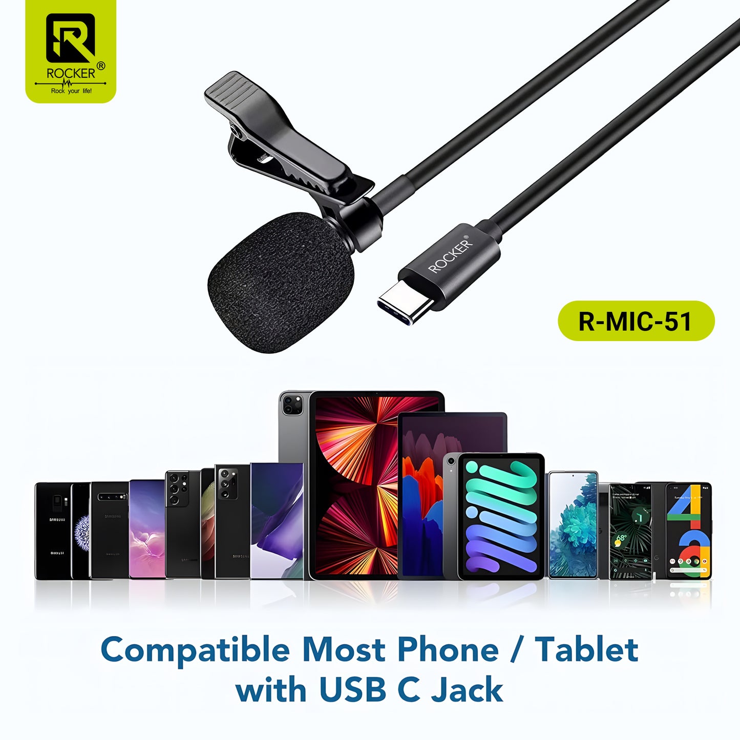Rocker R-MIC-50 Lavalier Microphone – Noise Reduction Clip-On Mic for Smartphones, DSLR, PC, YouTube, Podcast & Vlogging (3.5mm & Type-C)
