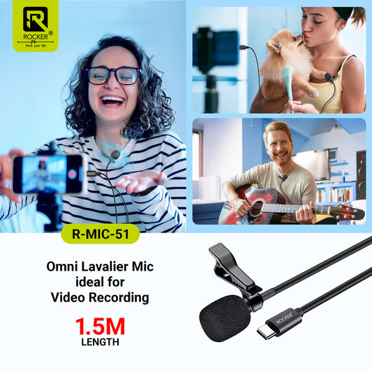 Rocker R-MIC-50 Lavalier Microphone – Noise Reduction Clip-On Mic for Smartphones, DSLR, PC, YouTube, Podcast & Vlogging (3.5mm & Type-C)